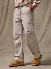 RivetRise Men's Casual Loose Straight Leg Accordion Pleated High-Rise Drawstring Waist Jeans, Beige, Hang Out Commute Cargo Denim Pants For Boyfriend & Husband - Beige - View 5