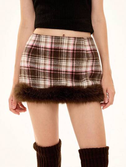 ROMWE Avant Jupe mini à taille basse à carreaux en mélange de laine rétro et douce avec franges
