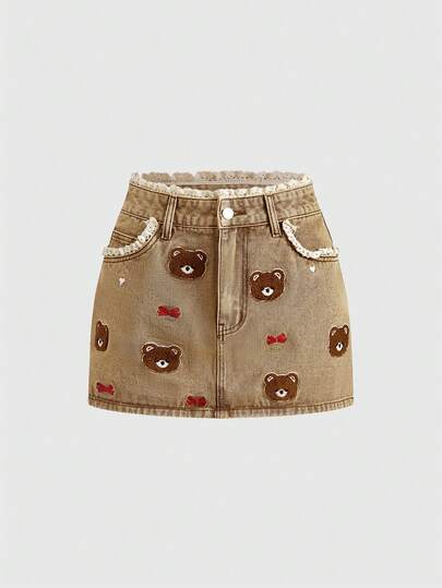 Kawaii Cute Vintage Casual Bear Bow Lace Patchwork Women Denim Mini Skirt