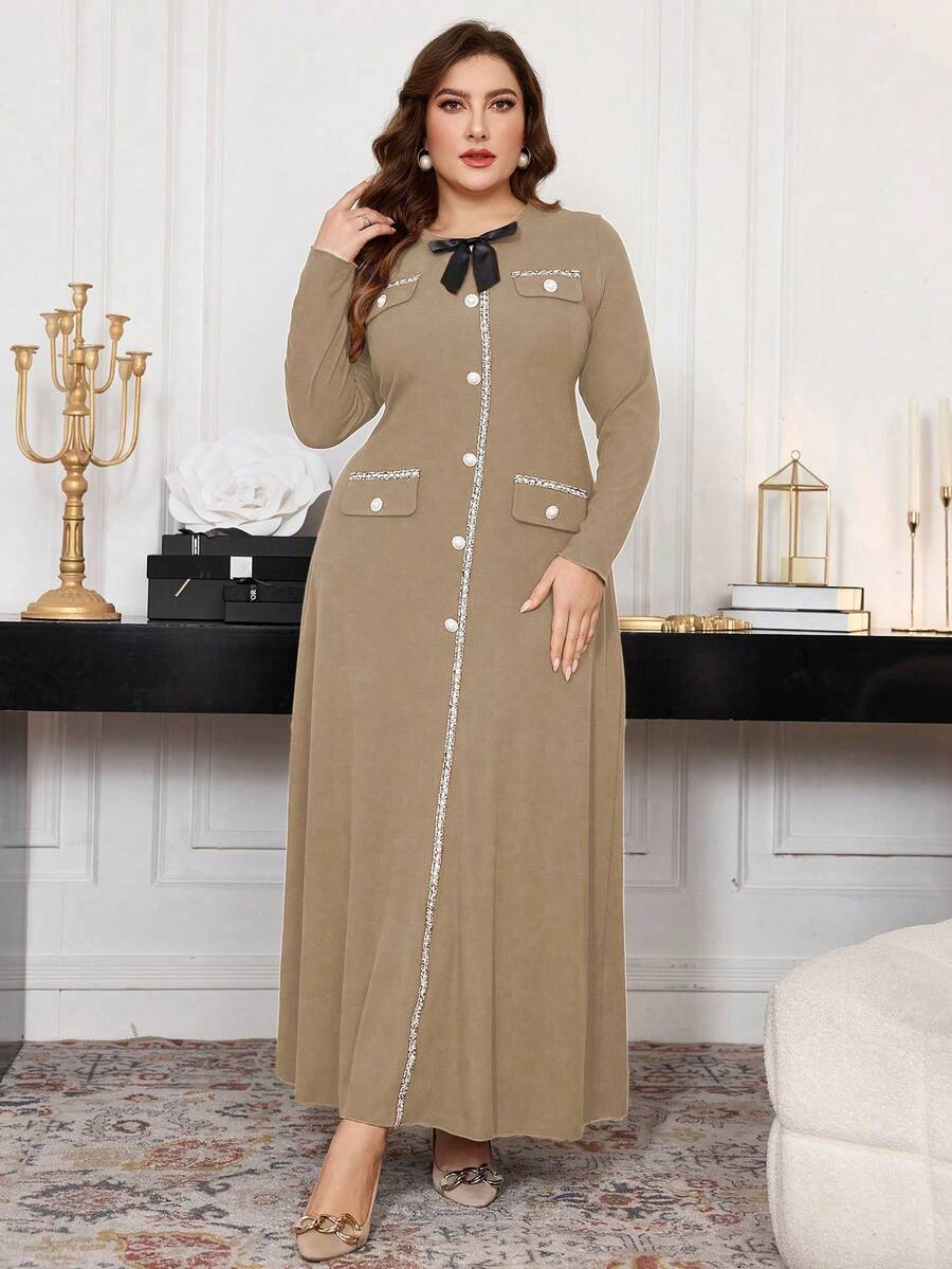 Modelyn Đầm dạ hội dài tay chữ A họa tiết nơ thắt cỡ lớn phù hợp cho mùa xuân và mùa thu dành cho nữ - Màu Khaki - Xem 1