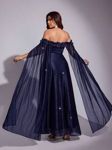 Viva Relle 大码优雅露肩披肩袖连衣裙，适合派对穿着 - 藏蓝色 - 查看 5