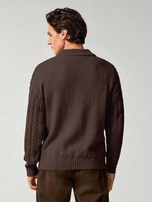 Manfinity Homme Jersey de cuello redondo de manga larga con hombros caídos y patrón de cable casual para hombre, otoño/invierno - Marrón - Ver 2