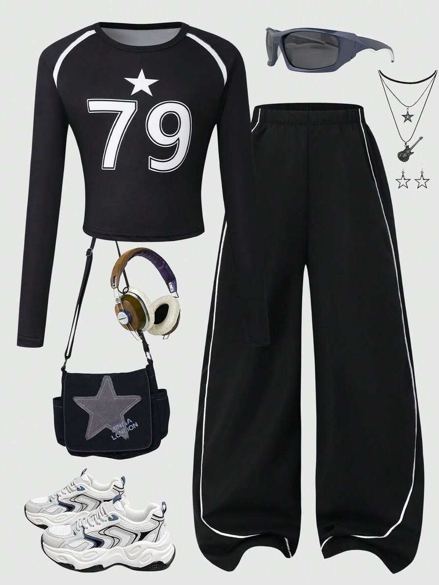 SHEIN ChillGRL 两件套少女休闲拼接设计T恤上衣+工装裤套装,适合日常休闲、外出、街头风格,女童套装,79星印花白色T恤+黑色针织裤 - 黑色 - 查看 1