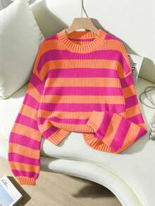 SoleilVie Striped Pattern Drop Shoulder Sweater,Long Sleeve Tops Knit Pullover Fall Winter Outfit