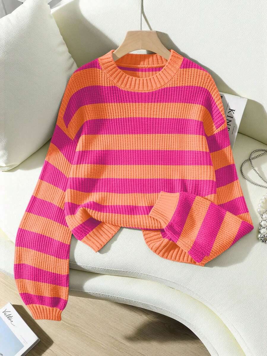 SoleilVie Striped Pattern Drop Shoulder Sweater,Long Sleeve Tops Knit Pullover Fall Winter Outfit