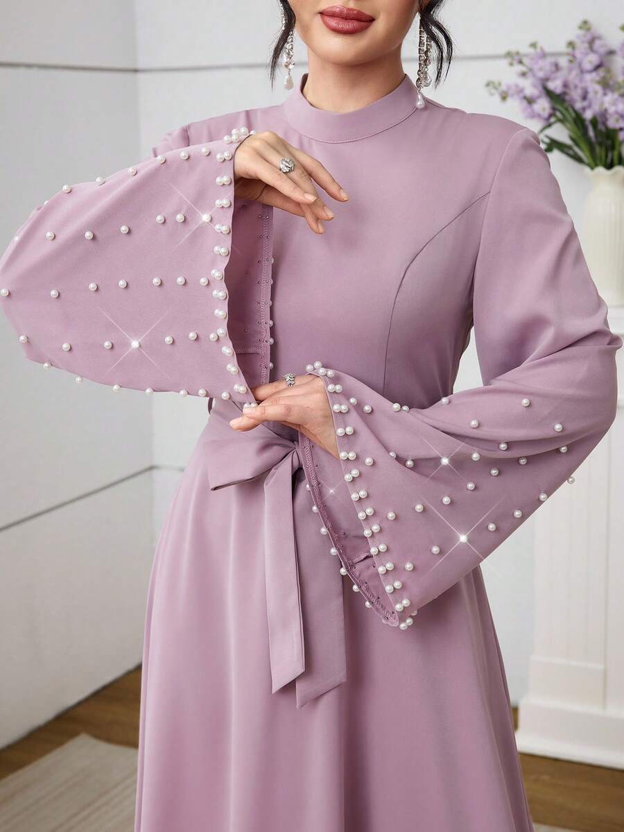 Al Najma 女士优雅纯色腰带长袖阿拉伯风格连衣裙 - 粉色 - 查看 1