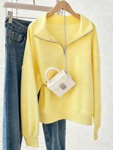 Lalippa 女士宽松半拉链门襟保暖内衬卫衣 - 黃色 - 查看 3