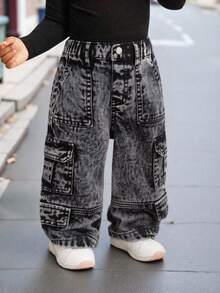 Quần cargo denim đen dáng rộng phong cách Y2K cho bé gái, thích hợp cho mùa thu, mùa đông, đi nghỉ mát, phong cách thập niên 2000, Giáng sinh, thời trang đường phố. - màu đen - Xem 7