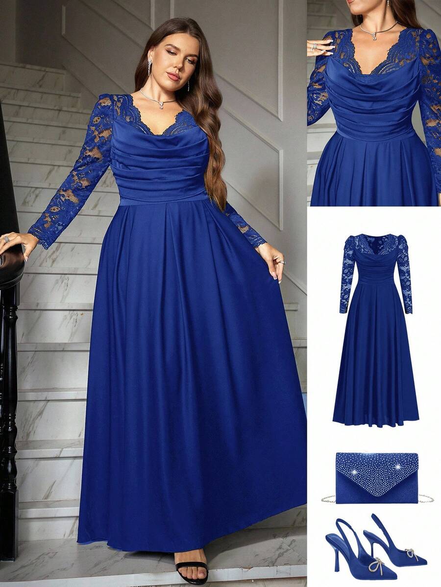 Ellevyn 大码优雅派对纯色蕾丝拼接连衣裙 - 寶藍色 - 查看 1