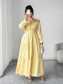 Elenzga Váy trễ vai thanh lịch cỡ lớn, tôn dáng cho kỳ nghỉ biển - Màu vàng - Xem 6