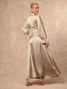 Lumalex Women's Champagne Autumn Elegant Dining Satin Maxi Dress,Old Money Solid Color Shirt Collar Fitted Waist A-Line Long Dress For Banquet Wedding Party - Khaki - View 2