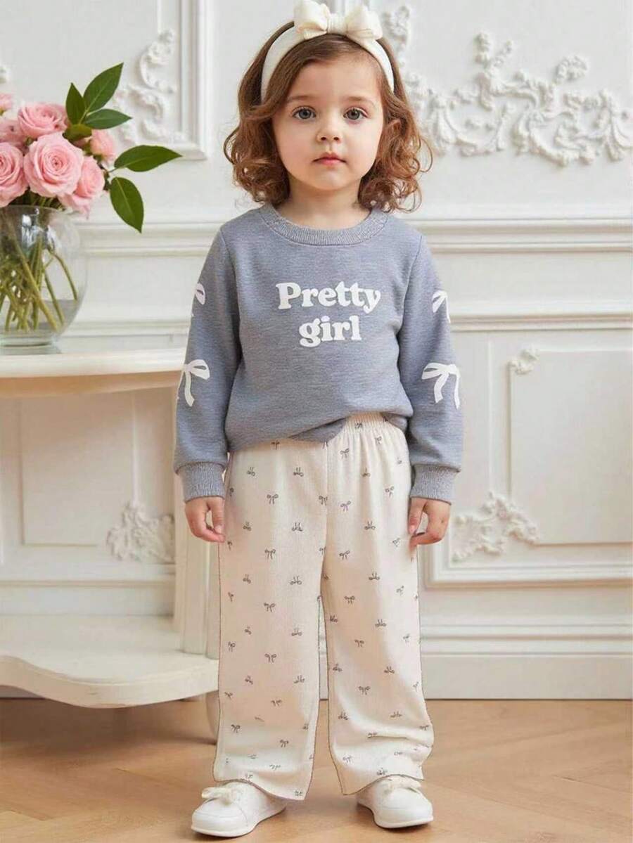 SHEIN Conjunto de sudadera de cuello redondo de manga larga con decoración de lazo rosa y pantalones de pana para bebé niña recién nacida de 0 a 3 años, conjunto de sudadera y pantalones para bebé niña de otoño/invierno, conjunto de bebé niña, ropa diaria para bebé niña - Gris Claro - Ver 1