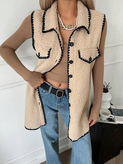Siren Gaze Women's Fashionable Contrast Trim Button Front Sleeveless Faux Fur Coat, Autumn Khaki Sleeveless Coat With Black Jagged Edges And Plush Trim A Versatile Winter Coat, Sleeveless Coat Winter For Women Casual For Women Brown