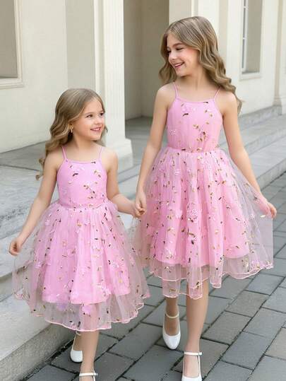 SHEIN 少女无袖休闲网纱拼接刺绣花卉连衣裙