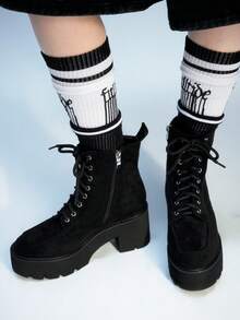 Sugerpunk 女士时尚黑色厚底摩托车中筒靴，街头风格 - 黑色 - 查看 11