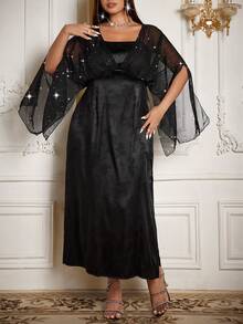 Flirla New Chinese Style Black Elegant Dinner Evening Formal Maxi Dress,Autumn Retro High Waist Patchwork V-Neck Short Sleeve Open Slit Cheongsam - Black - View 4