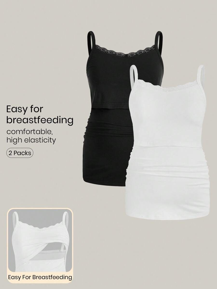 Modmama Maternity Solid Color Lace Trimmed Pleated Slim Fit Nursing Camisole - Multicolor - View 1