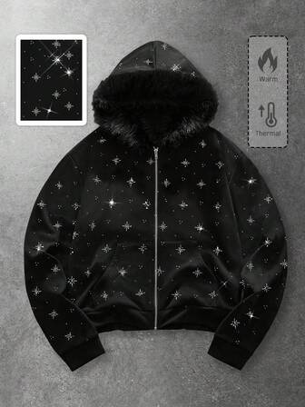 Sudadera con capucha con cremallera y adornos de rhinestone para parejas unisex