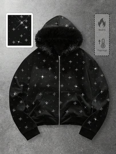 sweat-shirt zippé à capuche orné de strass unisexe pour couple