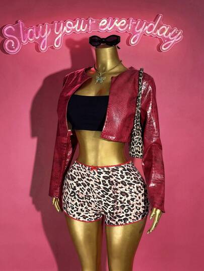 Slaydiva 2025 Autumn And Winter New Street Casual Fit Wine Red Crocodile Pattern PU Long-Sleeved Cropped Cardigan Jacket + High Waist Hot Girl Leopard Print Shorts Women Two Pieces Set, Suitable For Party, Rave Outfits, Halloween Clothes, Night Out, Club Outfits Women Sexy, Brunch Outfits For Women, Street Fashion, Daily Outings,Back To School,Sports,Christmas Clothes -B