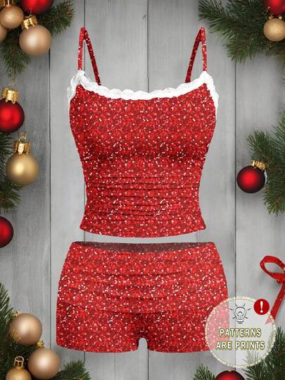 SHEIN EZwear 2pcs/Set Women's Casual Red Sequin Lace Camisole And Ruched Shorts, Suitable For Holidays