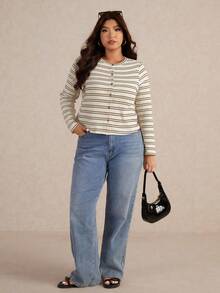 Elaquor Plus Size Women's Casual Basic Striped Button T-Shirt Office Old Money - Multicolor - View 4