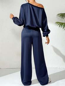 Modelyn Women Slogan Print Oblique Shoulder Long Sleeve Top And Pants Casual 2 Pieces Set - Blue - View 2