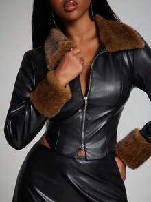 NYA SZN 配套套装（夹克/裙子）夹克长袖修身人造毛皮饰边人造皮革裙子迷你长度紧身毛皮饰边夜间外出伊比沙岛派对俱乐部伊比沙岛万圣节假期秋冬女士服装 - 黑色 - 查看 6