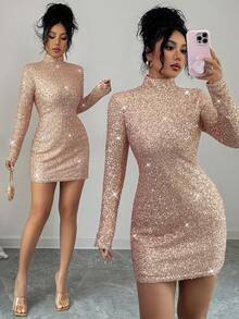 Rafferiza Elegant Party Dress, Sequined Dress, New Year's Dress, Sparkly Dress, New Year's Women's Clothing, Sparkly Sequined Women's Dress, Autumn And Winter Dress, Annual Meeting Dress, Autumn And Winter Women's Clothing - Champagne - View 1