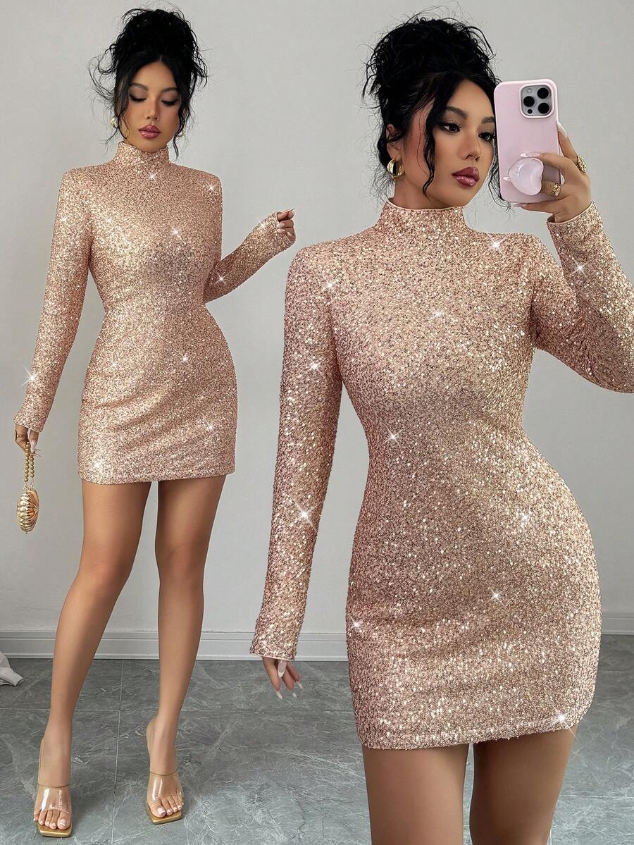 Rafferiza Elegant Party Dress, Sequined Dress, New Year's Dress, Sparkly Dress, New Year's Women's Clothing, Sparkly Sequined Women's Dress, Autumn And Winter Dress, Annual Meeting Dress, Autumn And Winter Women's Clothing - Champagne - View 1