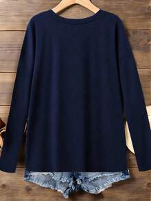 EMERY ROSE 女士V领宽松休闲百搭畅销T恤，夏秋季 - 藏蓝色 - 查看 2