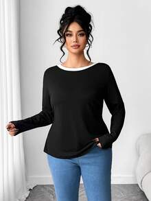 Elenzga Plus Size Women Casual Round Neck Long Sleeve T-Shirt With Bowknot Back - Black - View 6