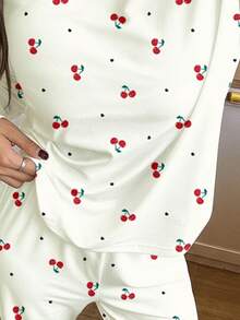 Vintage Sweet Mini Cherry Heart Print, Ballerina Style, Teen Girl Autumn/Winter Round Neck Raglan Long Sleeve T-Shirt And Loose Pants Casual Pajama Set, 2pcs, Suitable For Christmas Loungewear - Multicolor - View 4