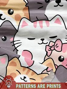 SHEIN Tween Girls' Casual Minimalist Cat Cartoon Pattern Round Neck Short Sleeve Shorts Pajamas, Suitable For Summer Cute Pajamas For Women Kawaii Pajamas Cat Pajamas Cute Cat Pajamas Kitten Pajamas