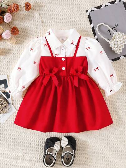 SHEIN Playful Pals Baby Girls' Collared Puff Sleeve 2 In 1 A-Line Dress. Classic A-Line Silhouette Suitable For Various Baby Body Types. Distinctive Collar Design Adds A Touch Of Formality, While The Clever Puff Sleeve Treatment Is Sweet And Playful. The 2 In 1 Design Adds Richness.