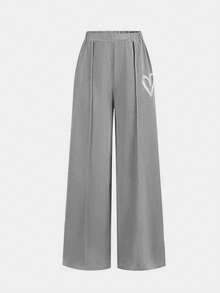 SHEIN Girlism 2件套少女休闲宽松圆领插肩袖印花T恤和褶皱短裤套装，轻薄针织面料，适合日常、返校、度假、户外活动、春季野餐等场合。 - 淺灰色 - 查看 10