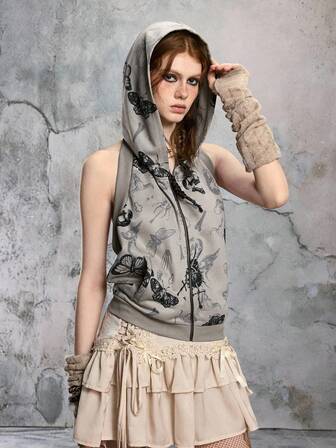 Camiseta sin espalda con estampado de esqueleto de mariposa de estilo Fairycore