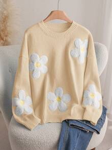 CosyJoli Áo len chui đầu dáng rộng họa tiết hoa 3D phong cách tối giản lãng mạn dành cho sinh viên cỡ lớn, mùa thu/đông - Màu be - Xem 1
