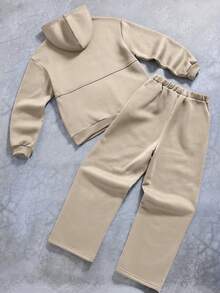 Vacaura Bộ 2 áo hoodie chui đầu tối giản dành cho bé trai tuổi teen kèm quần len ống rộng, thiết kế chắp vá, chất liệu vải thoải mái, màu sắc đa dạng, phù hợp mặc đi học và thường ngày, mùa thu/đông - Màu be - Xem 3