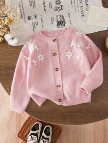 SHEIN Cute Floral Pattern Pink Cardigan, Versatile For Autumn/Winter, Babygirl