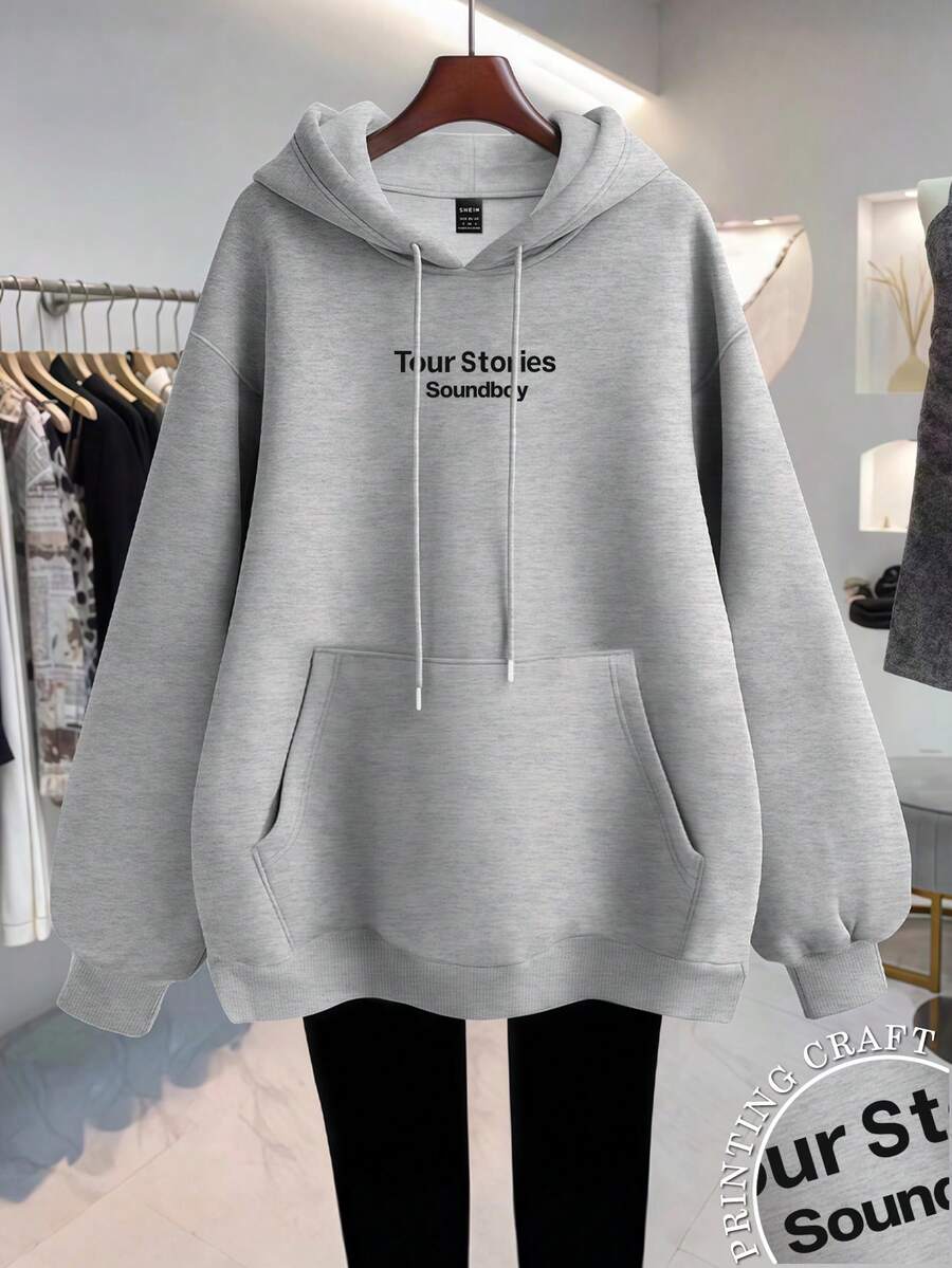 Resyla Plus Size Women Slogan Print Drop Shoulder Long Sleeve Pocket Casual Loose Drawstring Sweatshirt Fall - Grey - View 1