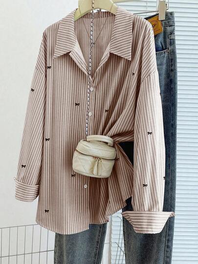GlowEve CURVE Plus Size Striped Bow Embroidery Casual Long Sleeve Shirt