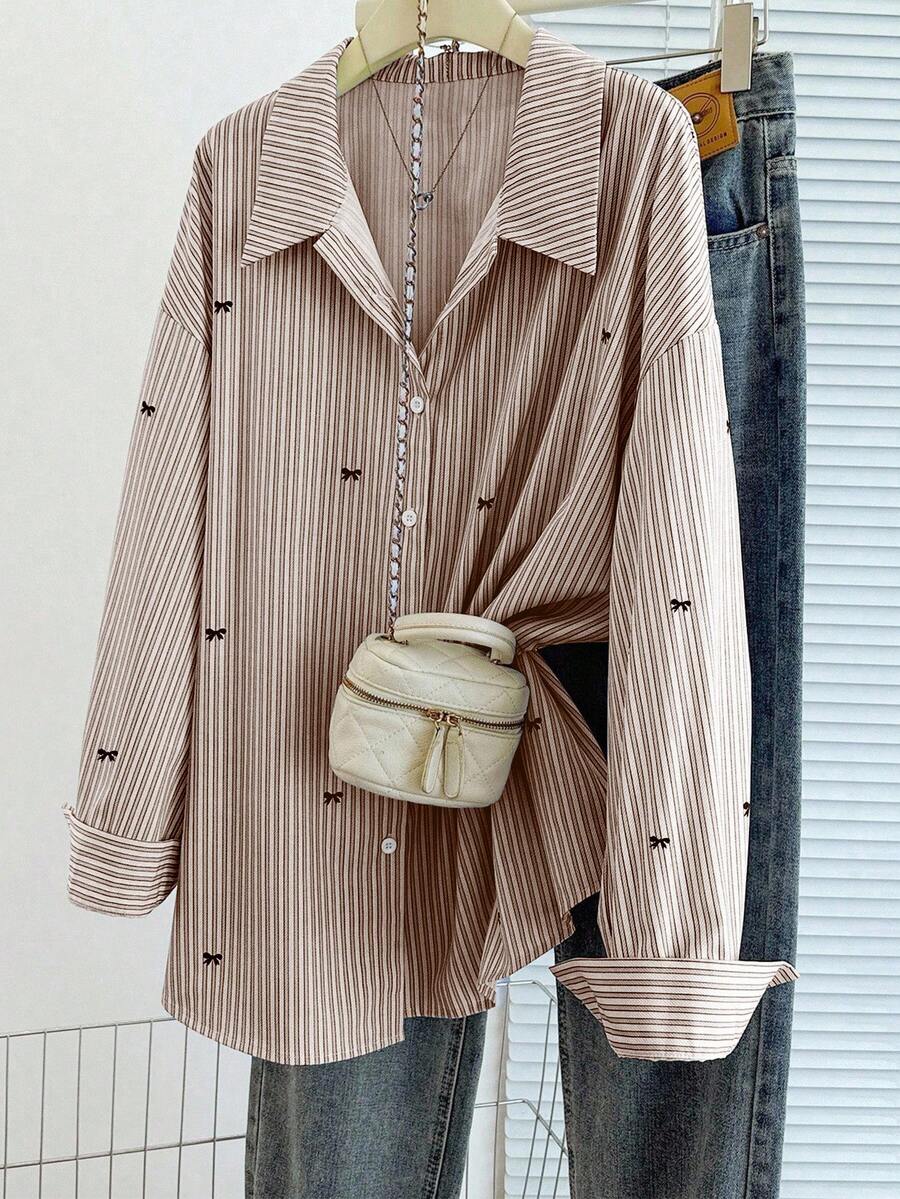 GlowEve CURVE 大码条纹蝴蝶结刺绣休闲长袖衬衫 - 橘色 - 查看 1