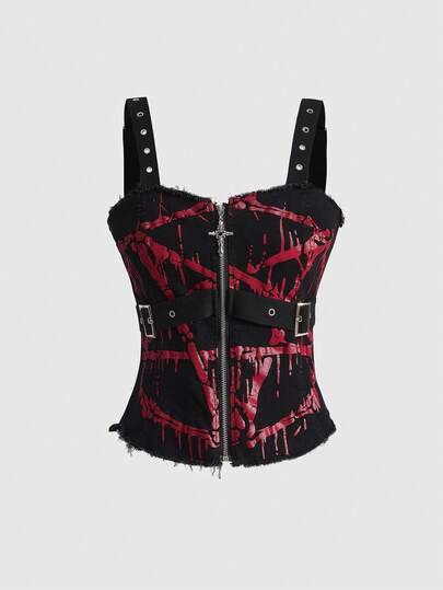 ROMWE Spring/Summer Casual Red Gothic Pentagram Fluid Print Metal Rivet Eyelet Design Skinny Denim Vest