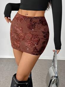 Franclia Jupe marron pour femmes, printemps et automne, avec imprimé floral tie-dye pailleté en maille. Jupe mini, jupe hanches, jupe à motif floral brodé en maille brillante. Jupe courte pour femmes, convient pour la rue, les soirées sexy, les fêtes, les sorties, Noël, Halloween, Nouvel An et autres jupes courtes pour femmes en hiver, Noël, Nouvel An, Thanksgiving. - Acajou - Voir 4