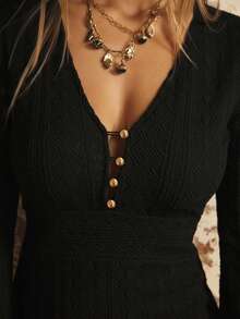 Aralina Đầm dài tay ôm dáng màu trơn đơn giản dành cho nữ - màu đen - Xem 3