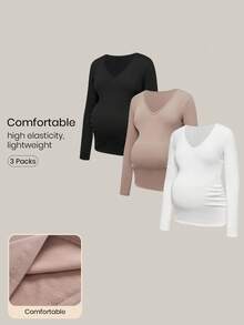 Modmama 3件套孕妇上衣秋季服装孕妇纯色V领长袖休闲百搭T恤秋季连衣裙可爱上衣长袖秋冬服装孕妇上衣孕妇衬衫女士长袖上衣孕妇长袖上衣冬季孕妇上衣 - 彩色 - 查看 1