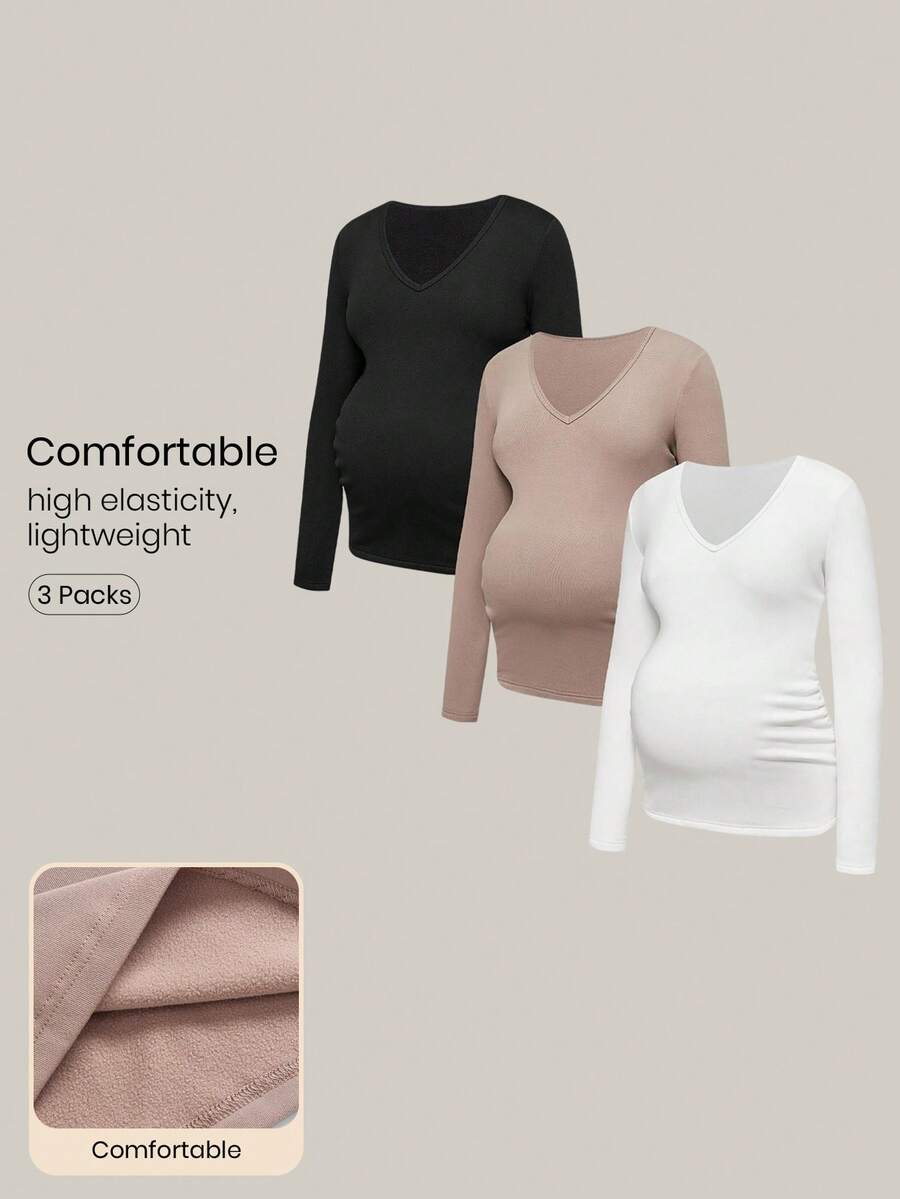 Modmama 3件套孕妇上衣秋季服装孕妇纯色V领长袖休闲百搭T恤秋季连衣裙可爱上衣长袖秋冬服装孕妇上衣孕妇衬衫女士长袖上衣孕妇长袖上衣冬季孕妇上衣 - 彩色 - 查看 1