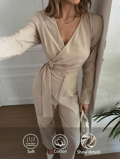 Elyressa Tuta intera da donna con maniche lunghe, monocolore, con decorazione metallica sul fianco e vita avvolgente