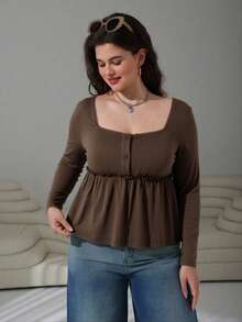 SHEIN EZwear Áo thun cổ vuông màu nâu cỡ lớn, thường ngày cho kỳ nghỉ, Xuân/Hè - màu nâu - Xem 3